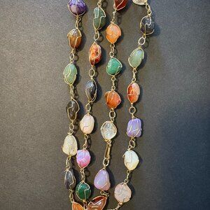 Multicolor Gemstone Amethyst Nephrite Quartz Carnelian in Gold Tone Caged